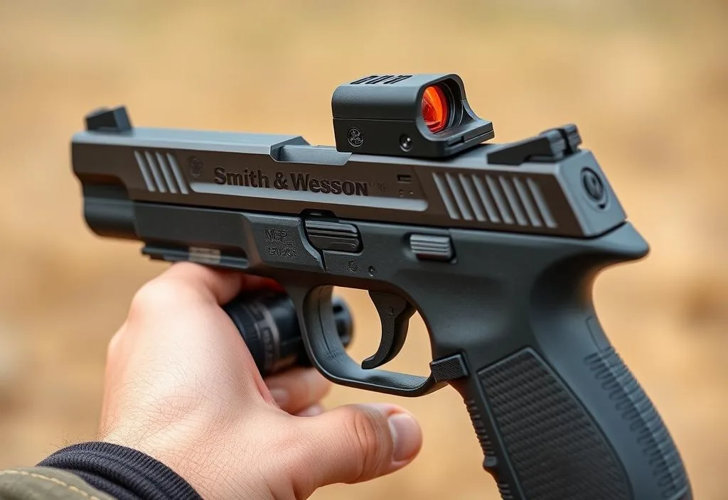 A Smith & Wesson M&P Shield handgun with a red dot sight