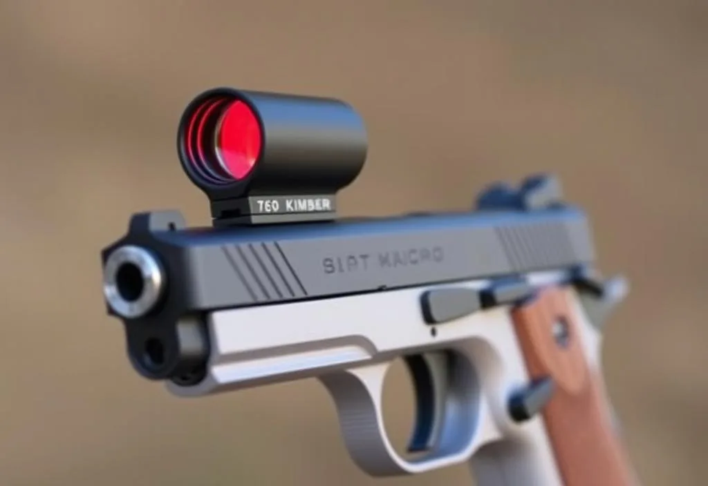 A Kimber Micro 9 handgun with a red dot sight