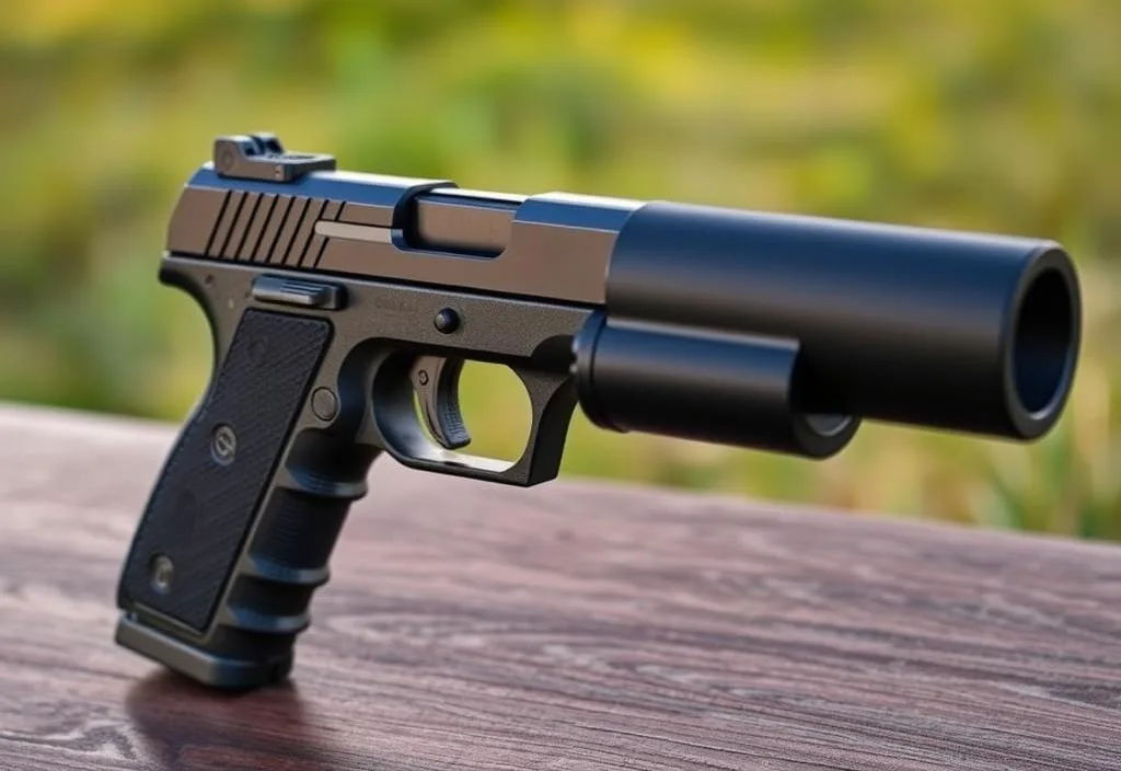 A Springfield Armory Hellcat handgun with a suppressor attached