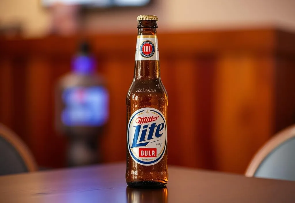 A Miller Lite beer bottle on a table