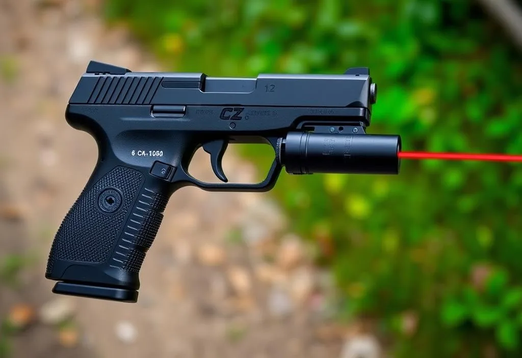 A CZ P-10 C handgun with a laser sight