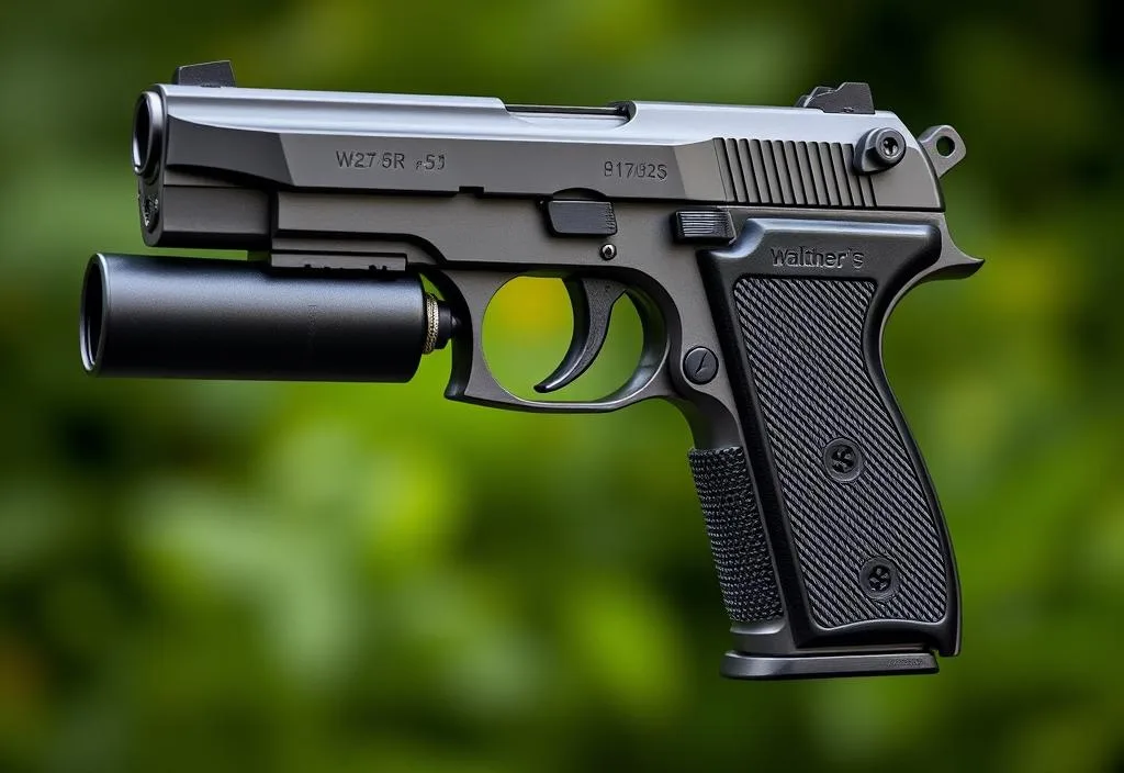 A Walther PPK/S handgun with a suppressor attached