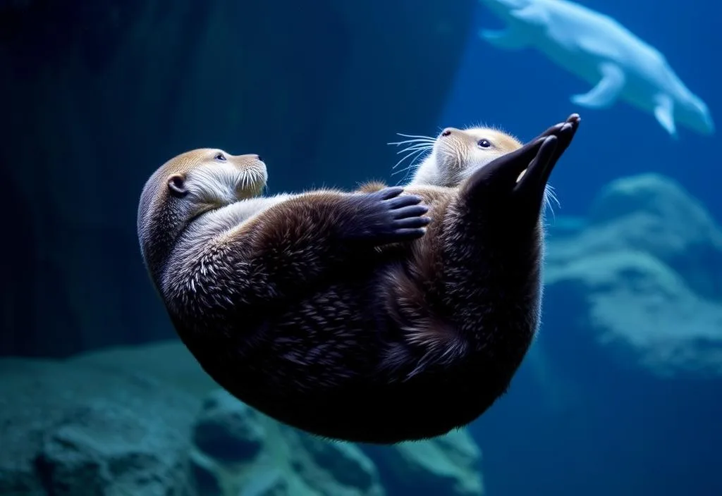 A sea otter floats on its back in the Monterey Bay Aquarium