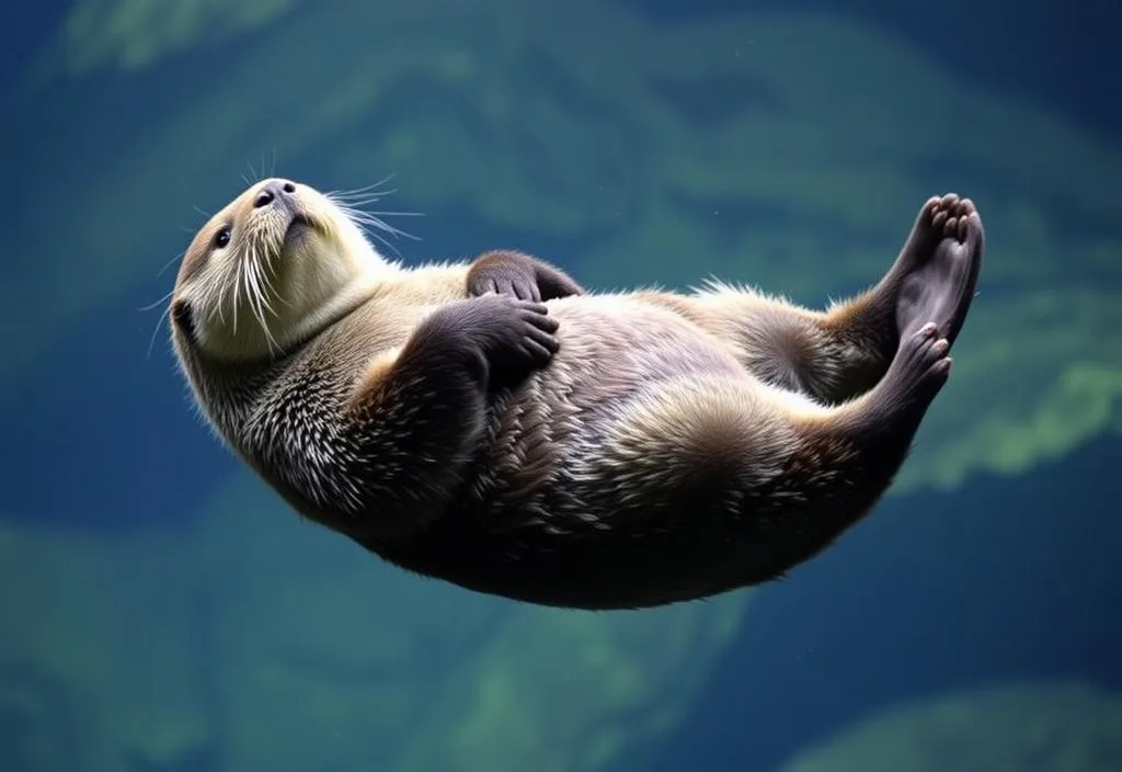 A sea otter floats on its back in the Seattle Aquarium