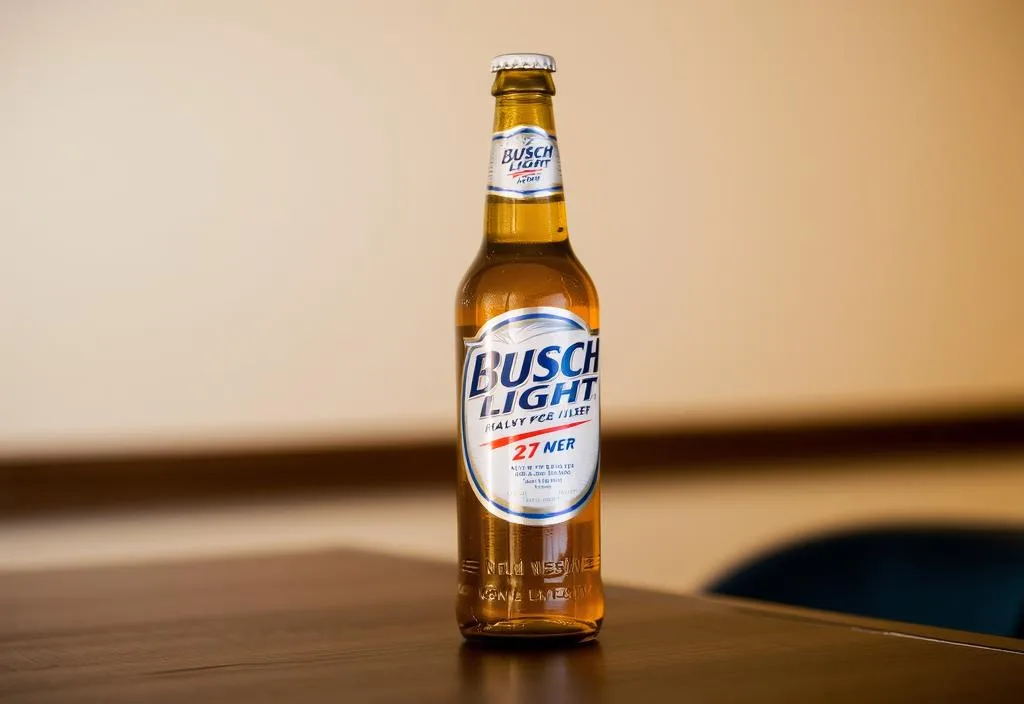 A Busch Light beer bottle on a table