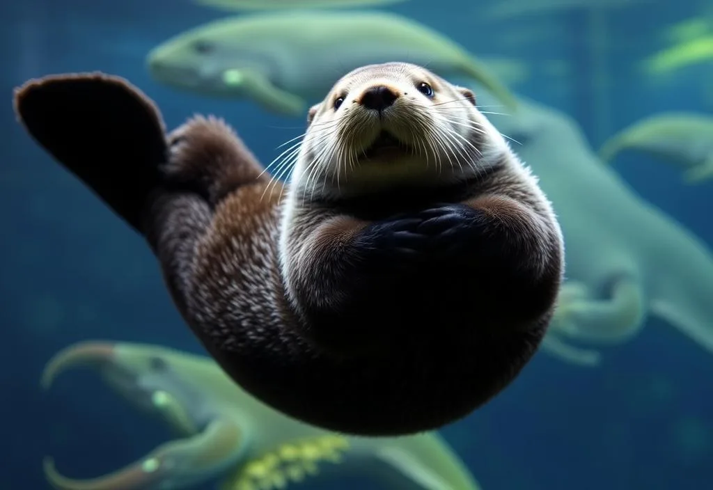 A sea otter floats on its back in the Oregon Coast Aquarium