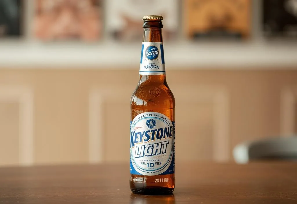 A Keystone Light beer bottle on a table