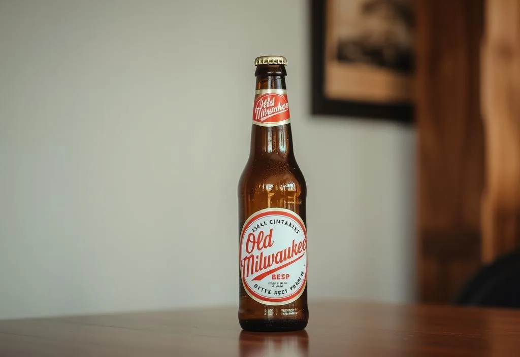 An Old Milwaukee beer bottle on a table