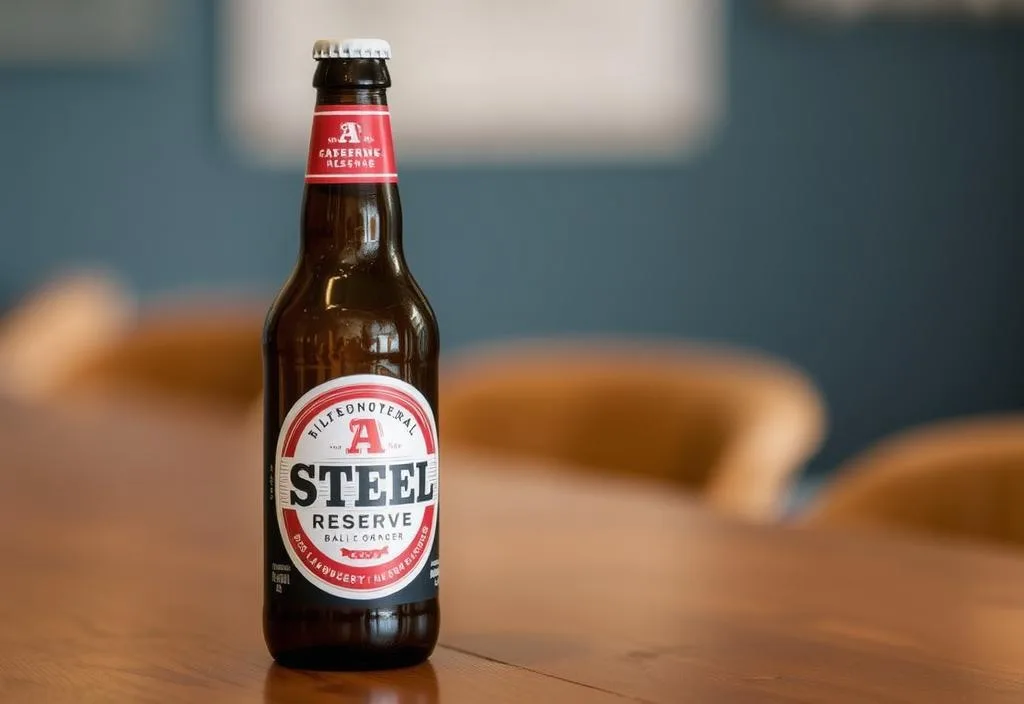 A Steel Reserve beer bottle on a table