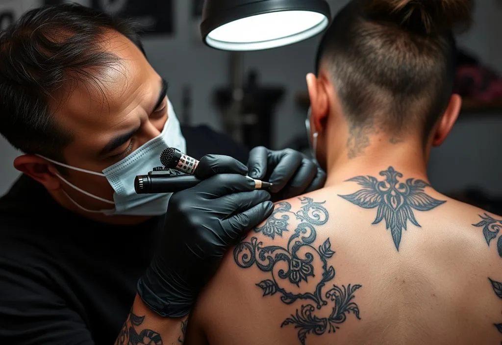 A tattoo artist working on a client's back