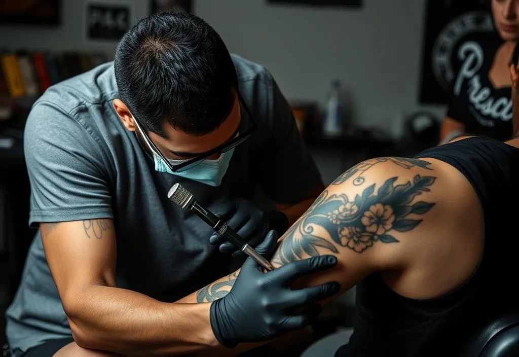 A tattoo artist working on a client's arm