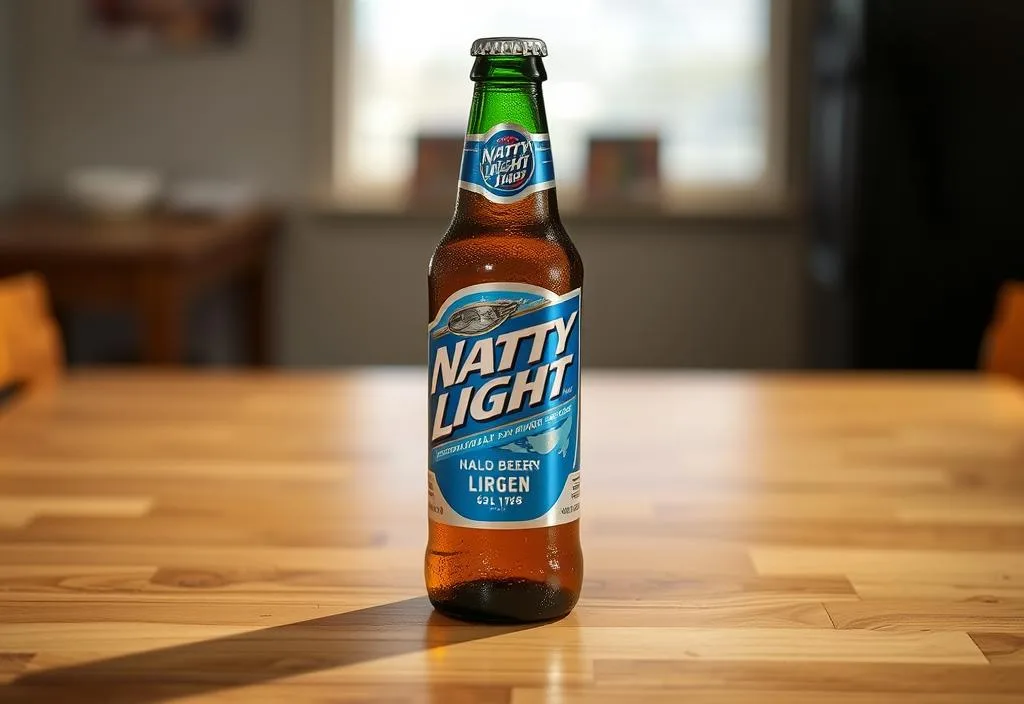 A Natty Light beer bottle on a table