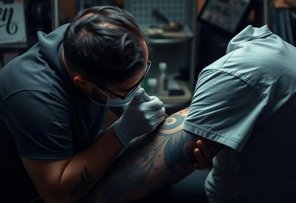 A tattoo artist working on a client's leg