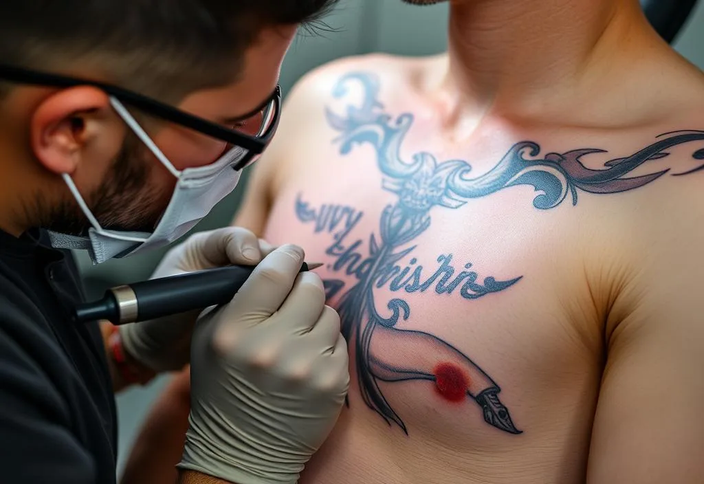 A tattoo artist working on a client's chest