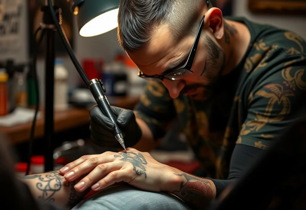 A tattoo artist working on a client's hand