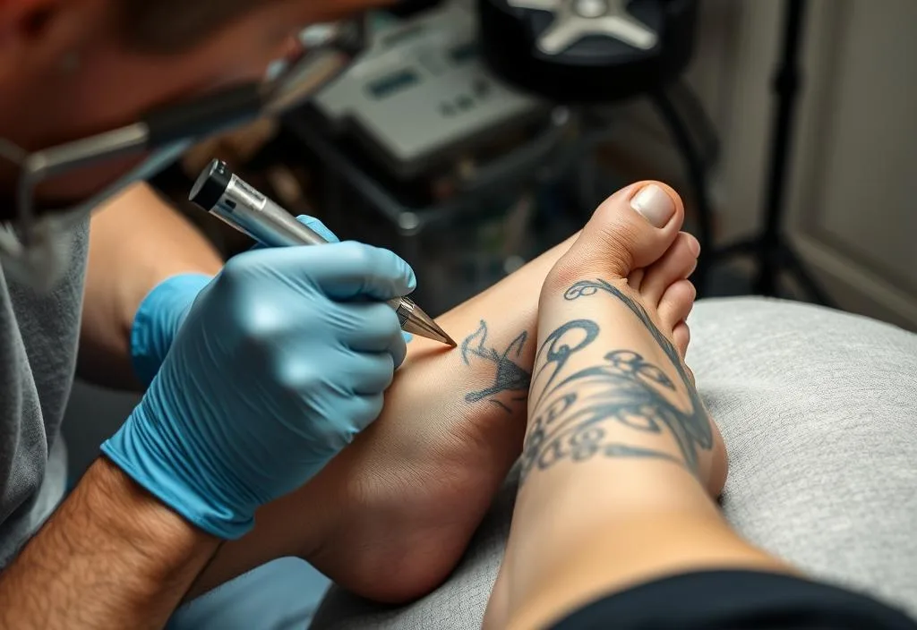 A tattoo artist working on a client's foot