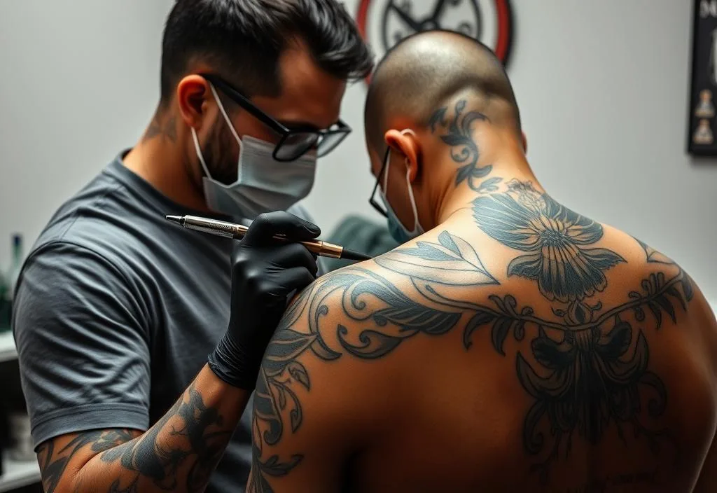 A tattoo artist working on a client's shoulder