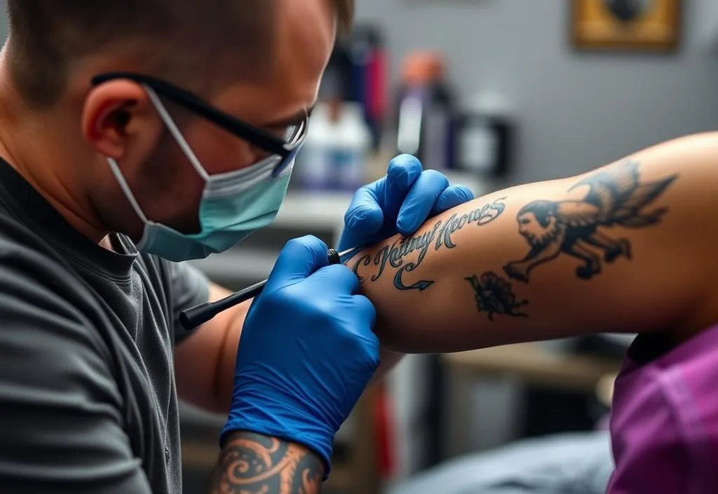 A tattoo artist working on a client's arm