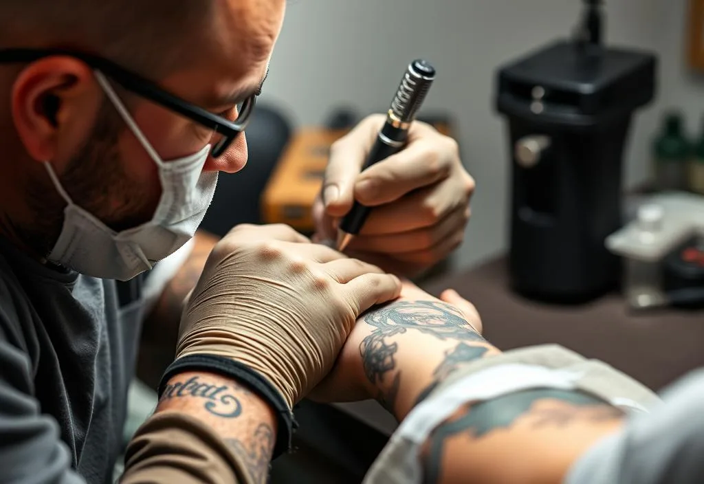 A tattoo artist working on a client's hand