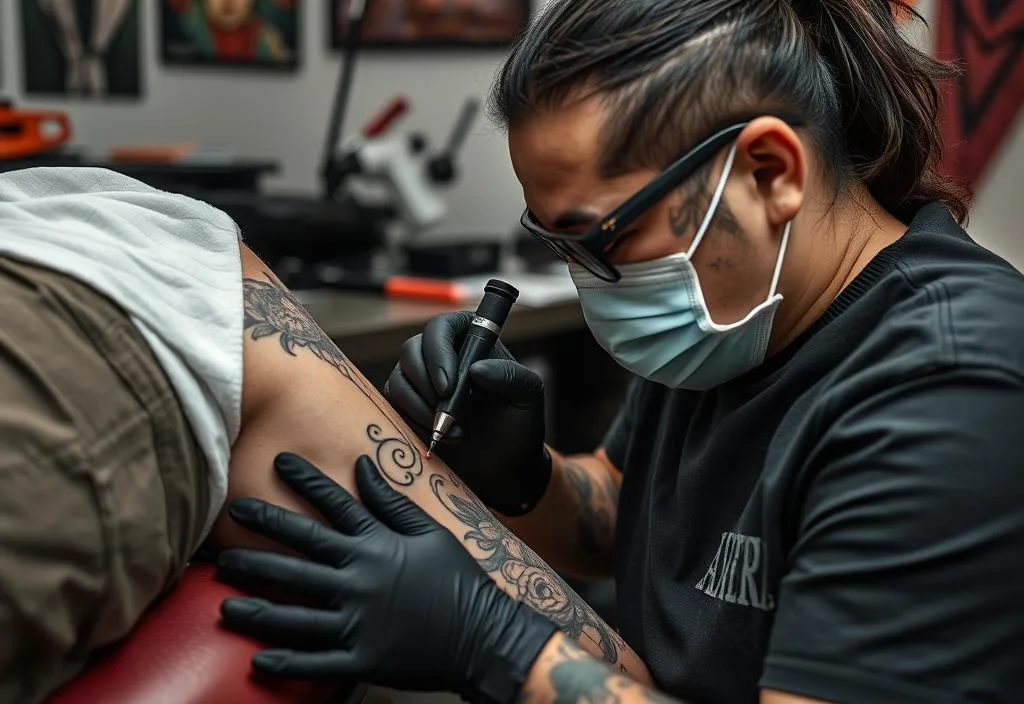 A tattoo artist working on a client's leg