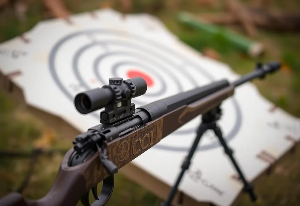 A CCI M2 rifle with a target in the background