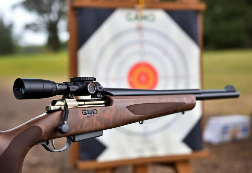 A Gamo Whisper rifle with a target in the background