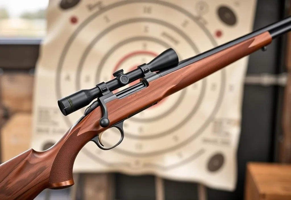 A Winchester Model 17 rifle with a target in the background