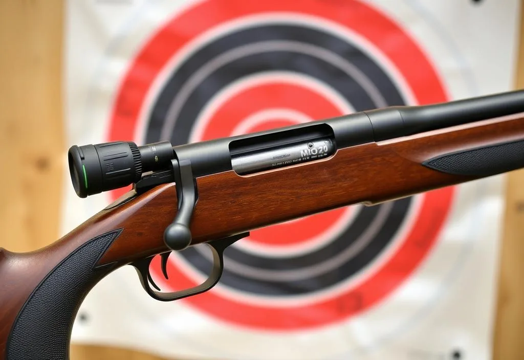 A Mossberg 22 Rifle with a target in the background