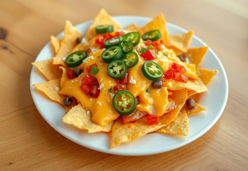 A plate of nachos with cheese and jalapeños