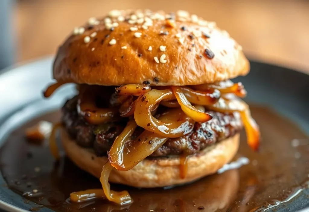 A grilled burger with caramelized onions