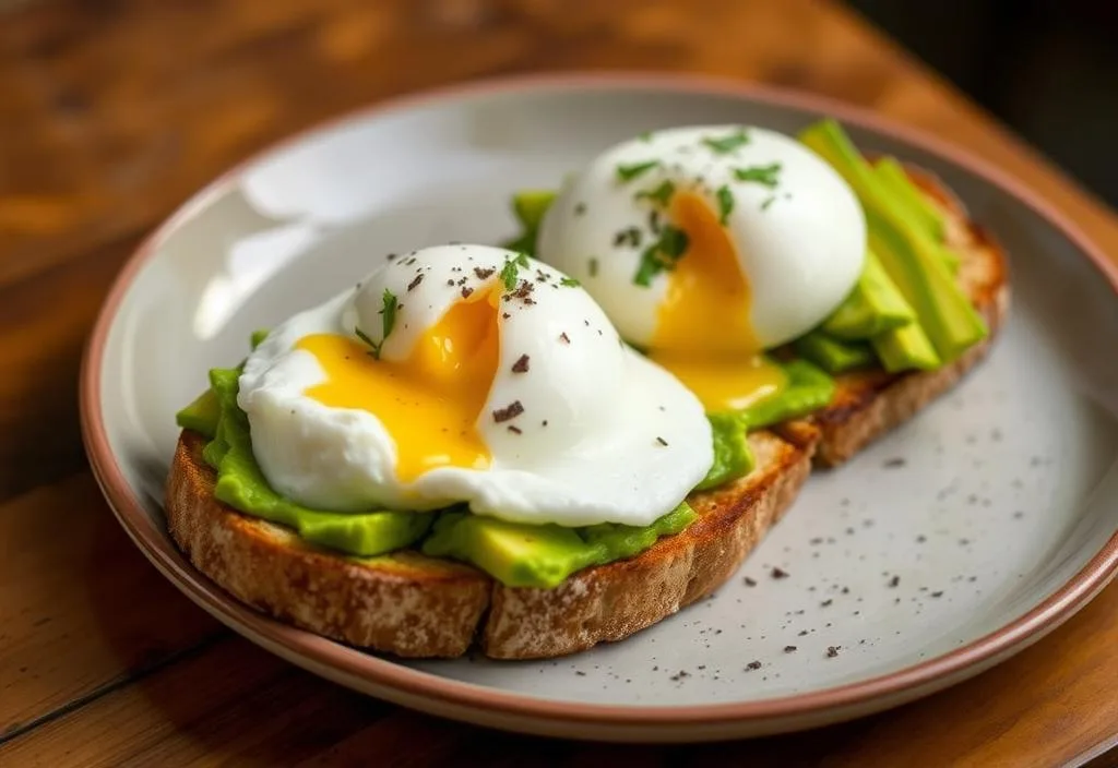 avocado toast with poached eggs on a plate