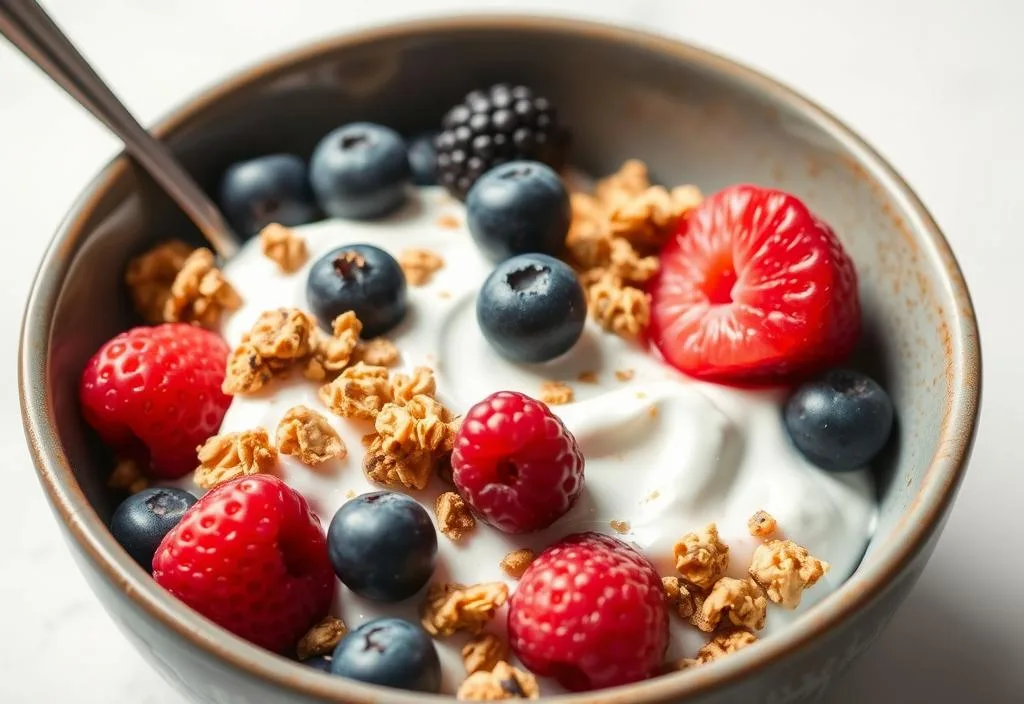 Greek yogurt parfait with granola and berries in a bowl