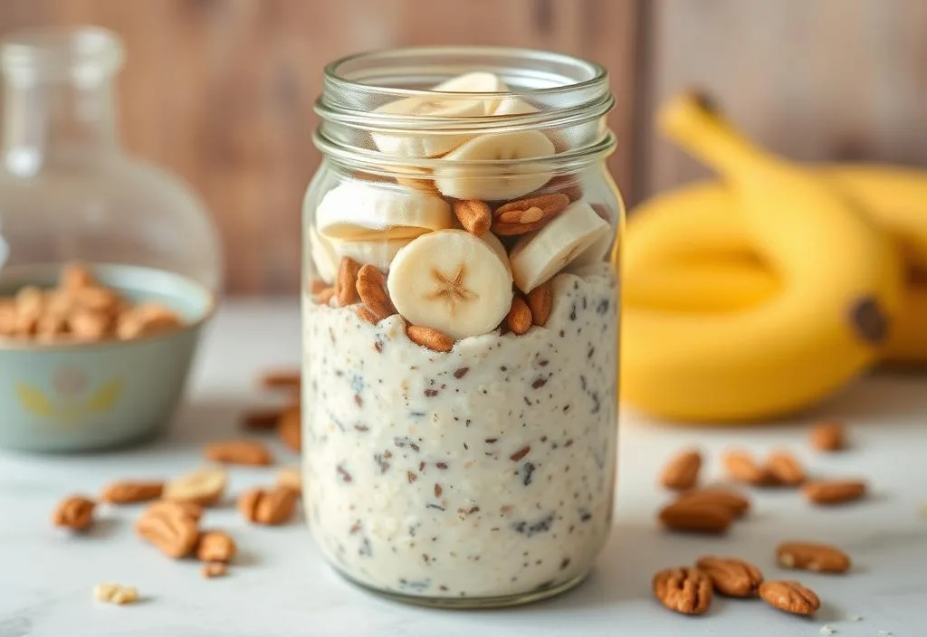 overnight oats with banana and nuts in a jar