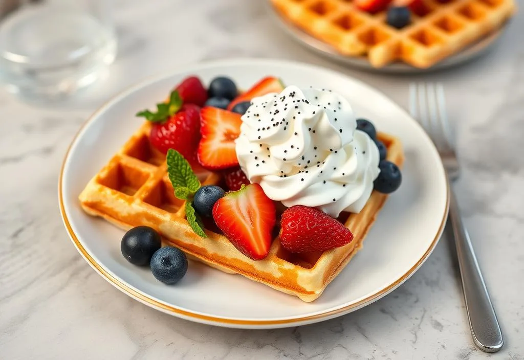 waffles with fresh fruit and whipped cream