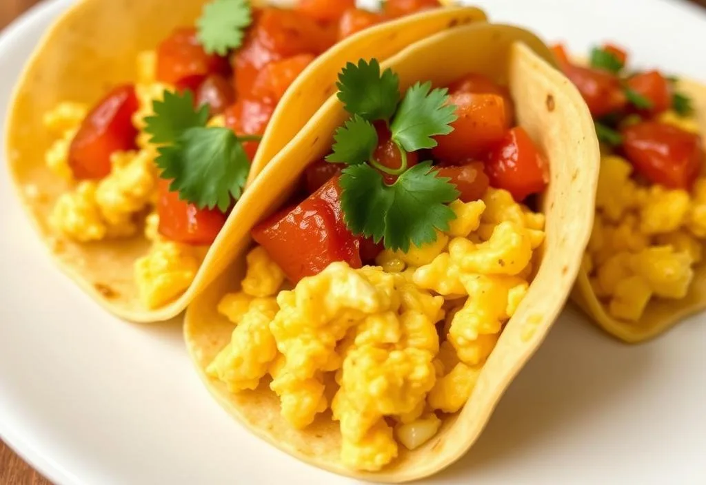 breakfast tacos with scrambled eggs and salsa