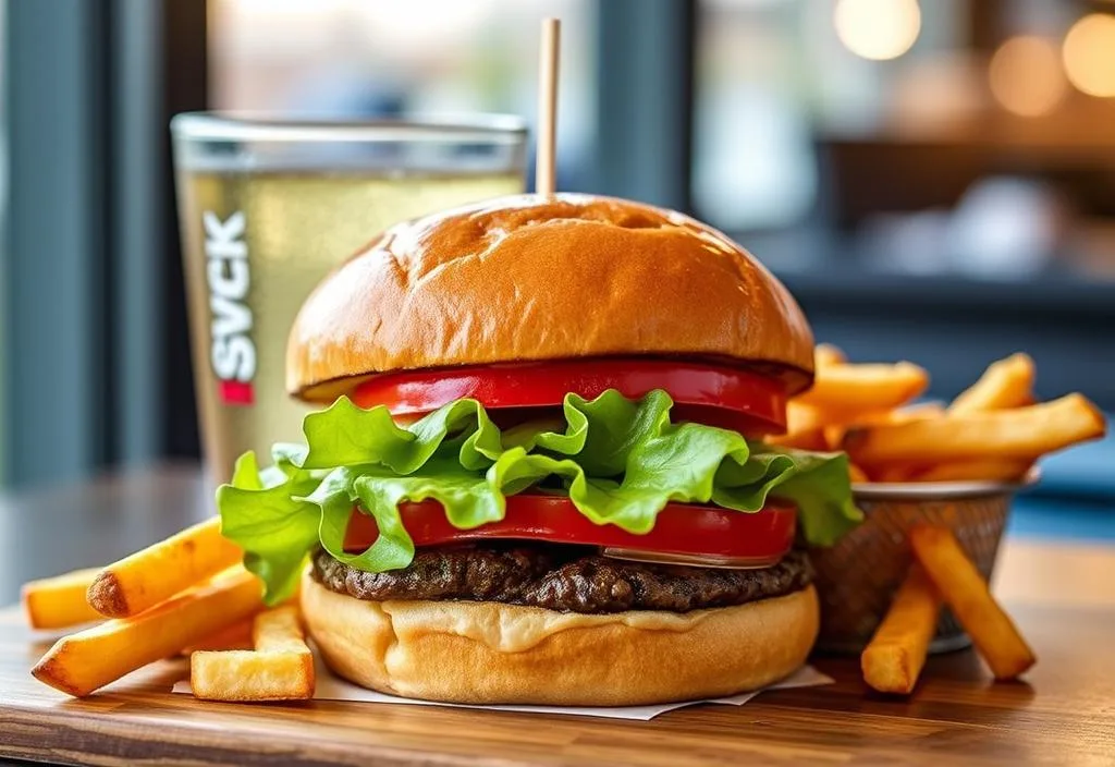 A shot of a Shake Shack ShackBurger with a side of fries