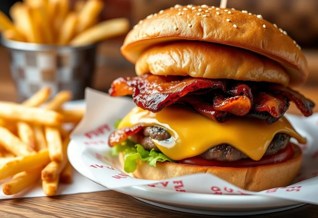 A shot of a Five Guys Bacon Cheeseburger with a side of fries