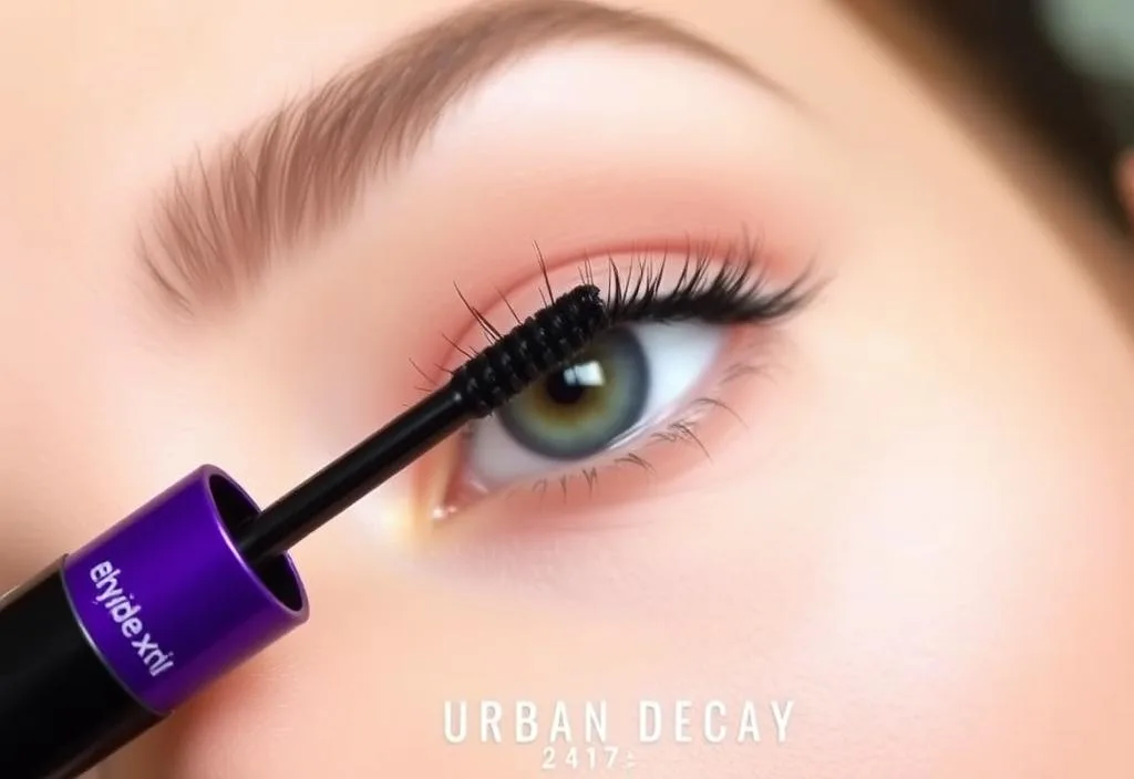 A close-up of a model's lashes with Urban Decay 24/7 Glide-On Eye Pencil & Mascara applied