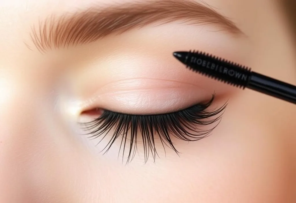 A close-up of a model's lashes with Bobbi Brown Extra Length Mascara applied