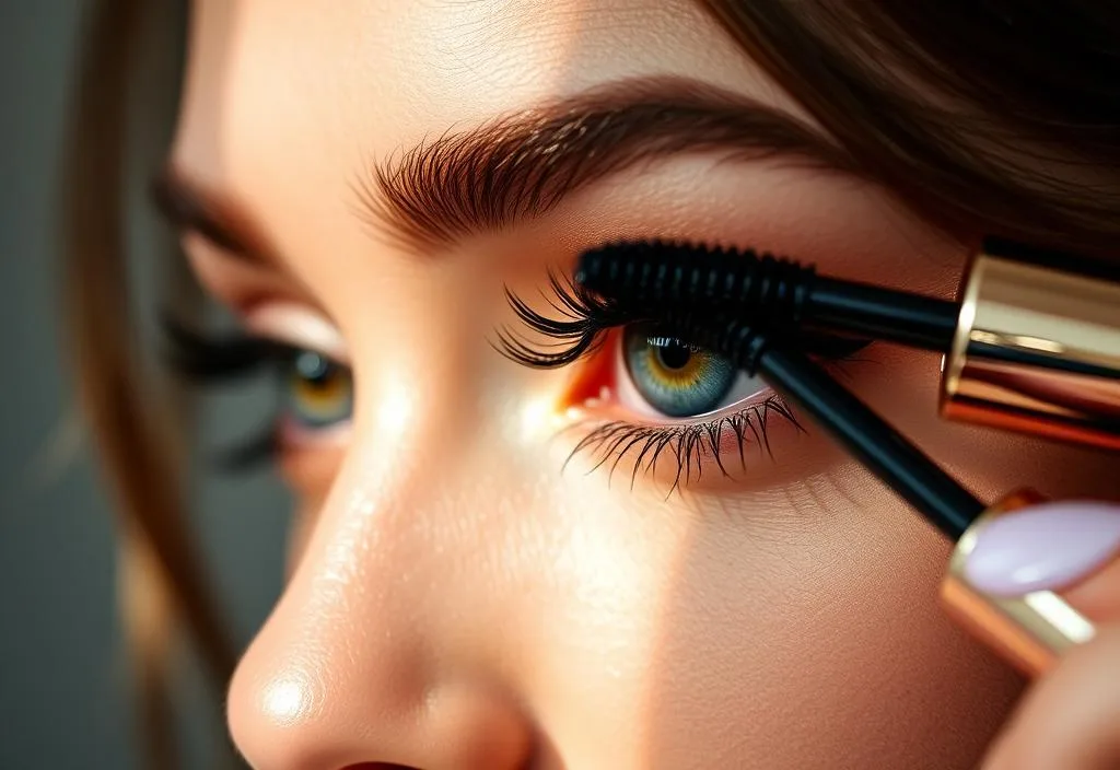 A close-up of a model's lashes with Lancôme Hypnôse Mascara applied