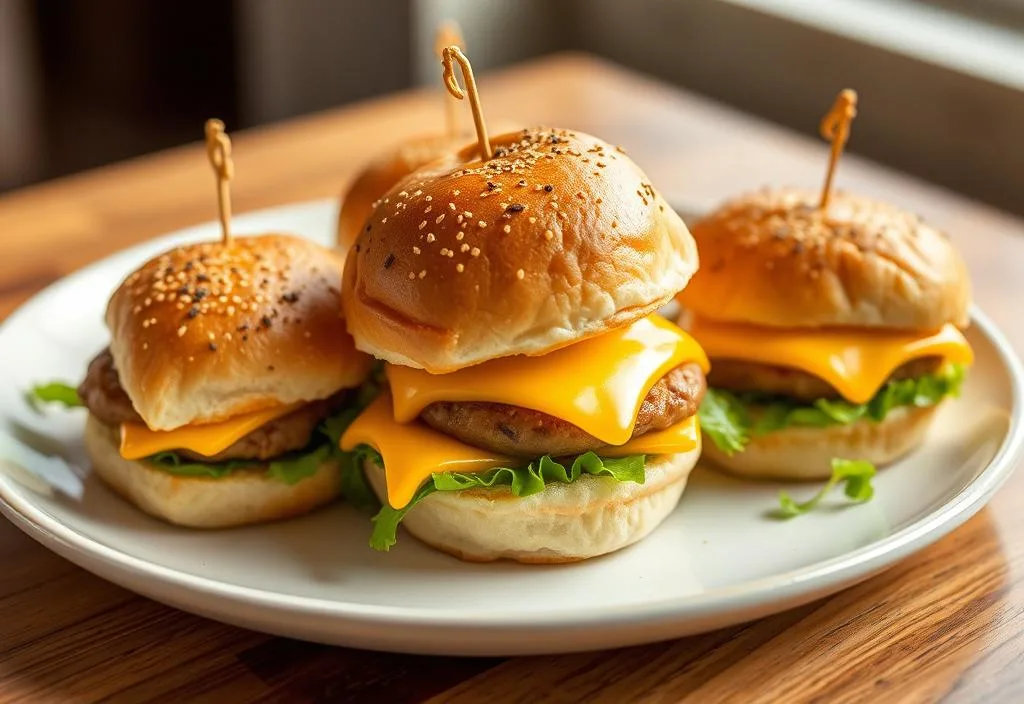 A plate of sliders with cheddar cheese