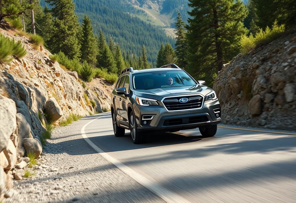 A Subaru Ascent driving on a mountain road