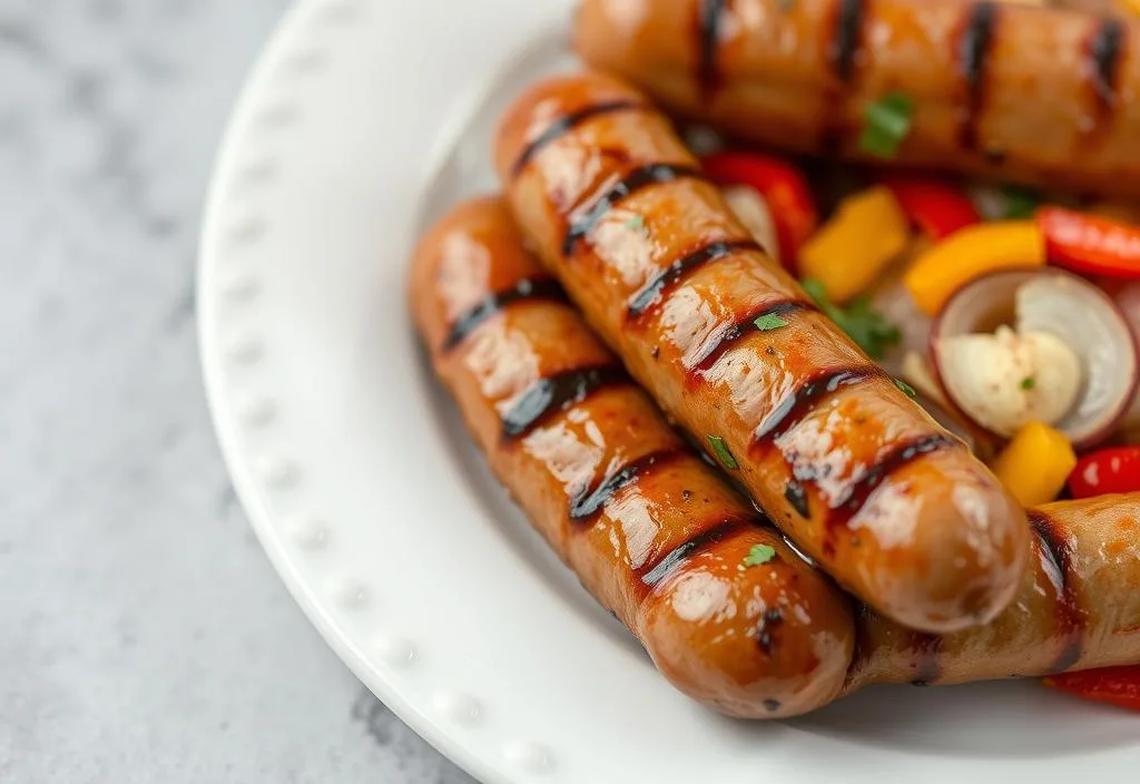 A plate of grilled sausages with peppers and onions