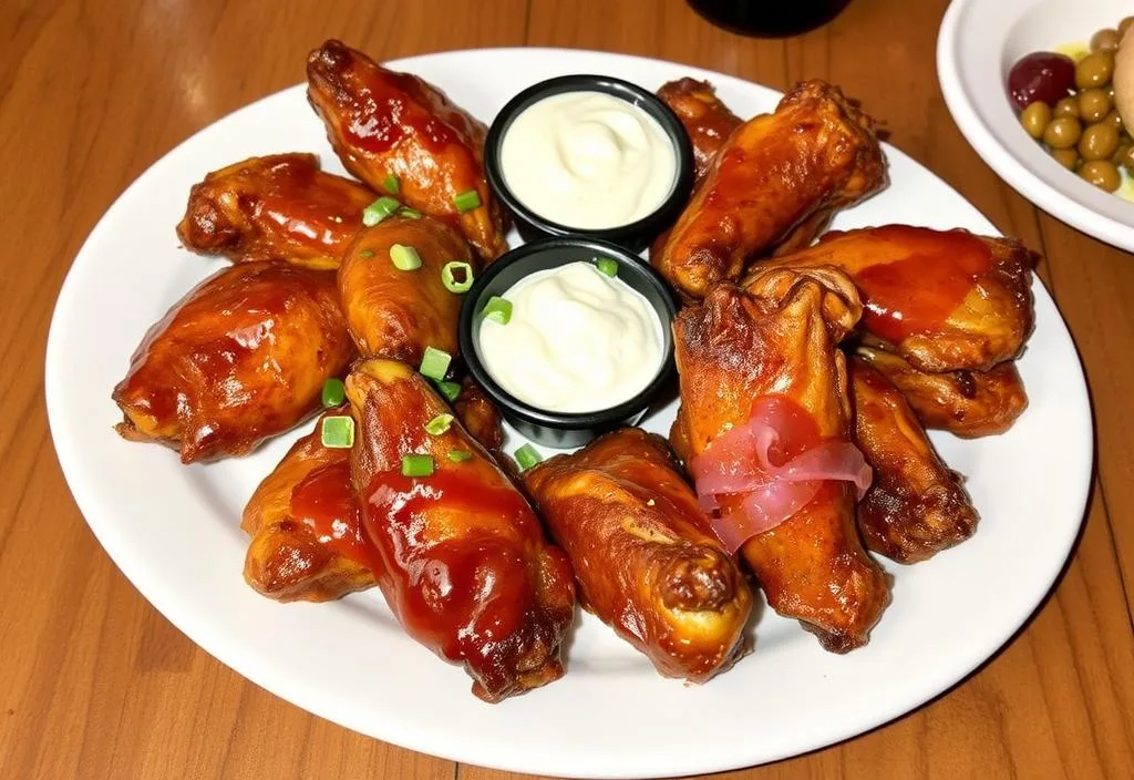 A plate of Applebee's wings with various toppings