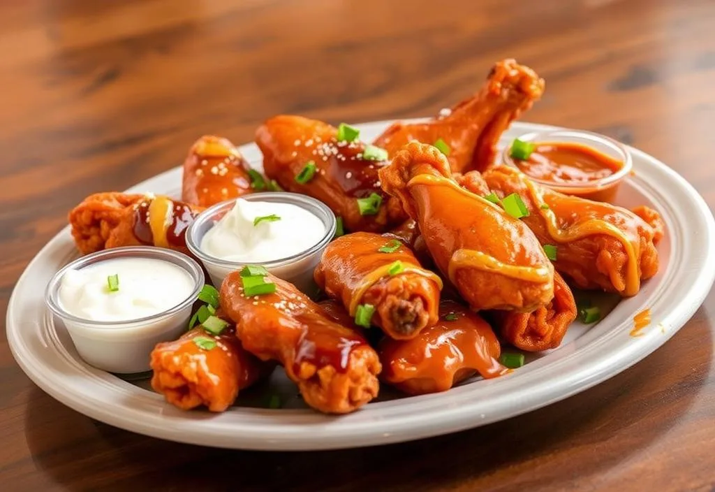 A plate of Hooters' wings with various toppings