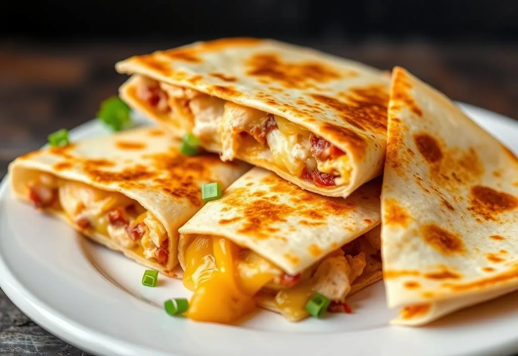 A plate of quesadillas with chicken and cheese