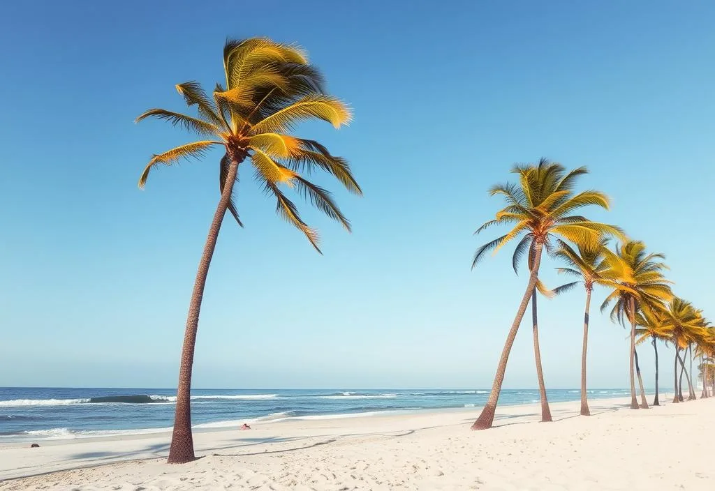 A serene beach scene with palm trees swaying in the wind, and a clear blue sky