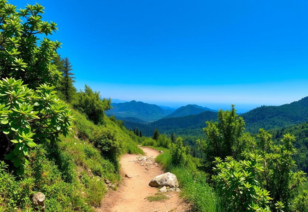 A scenic hiking trail with a clear blue sky and lush greenery