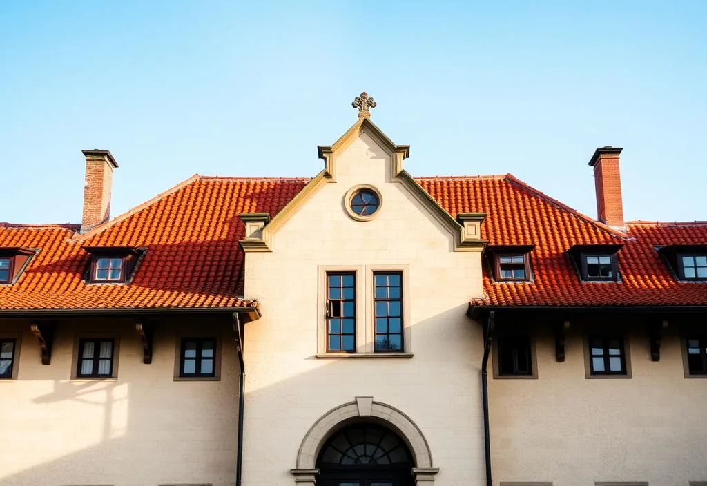 A historic building with a red-tiled roof and a clear blue sky