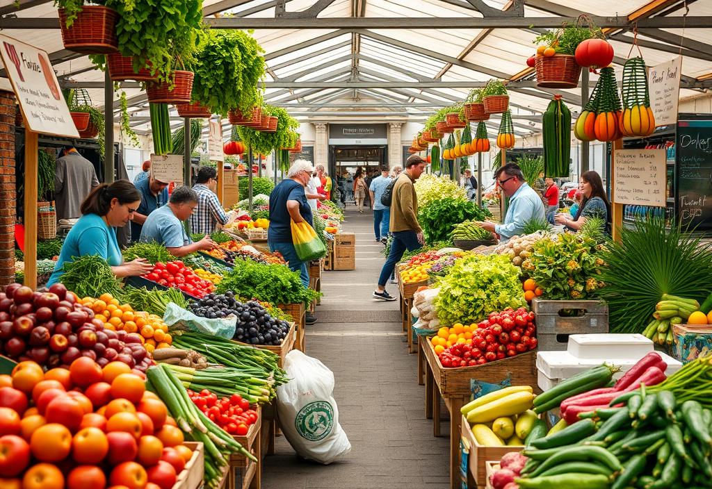 A bustling farmers market with colorful produce and happy shoppers